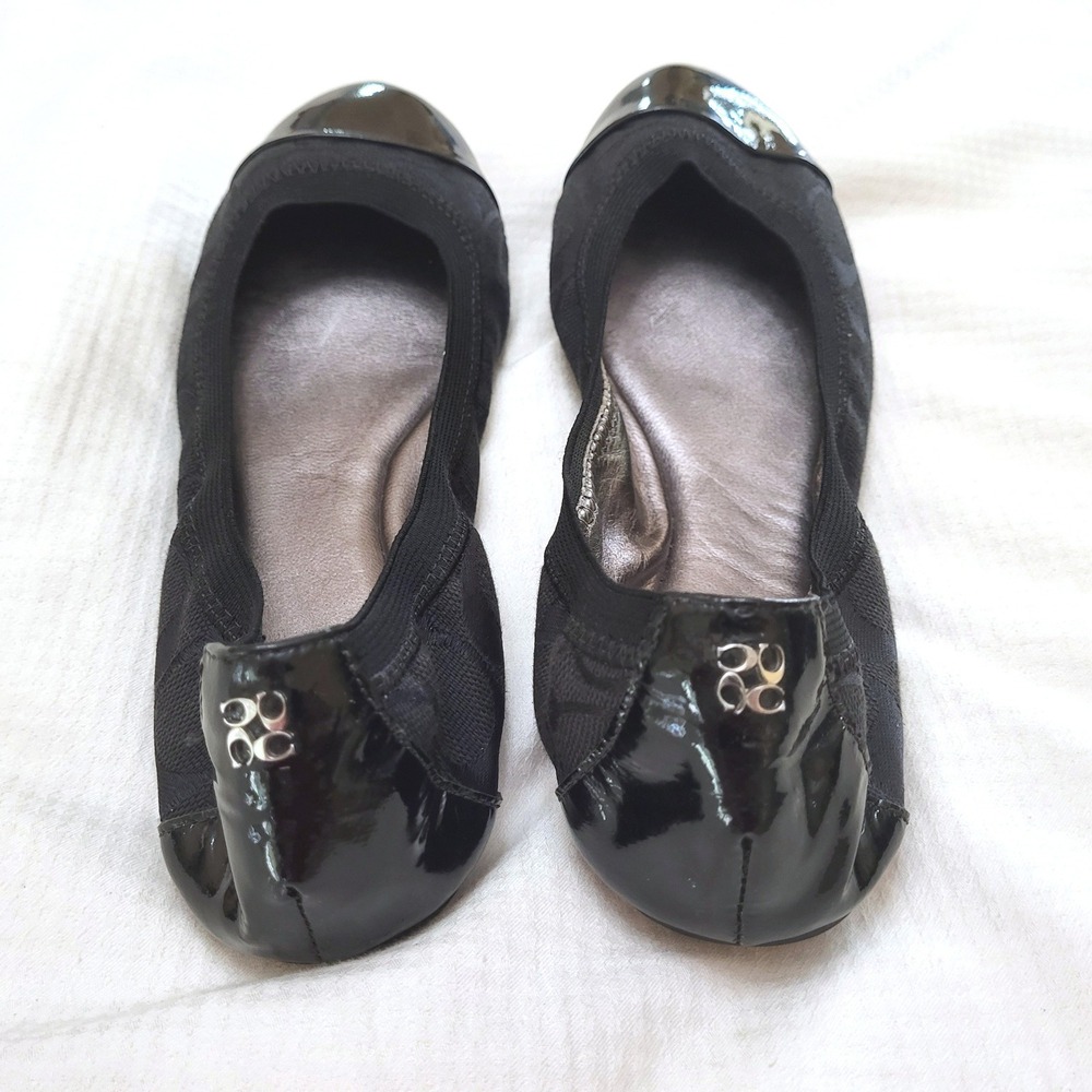 Coach Wanda Black Patent Leather Cap Toe Logo Fabric Ballet Flats 7 - Picture 5 of 11